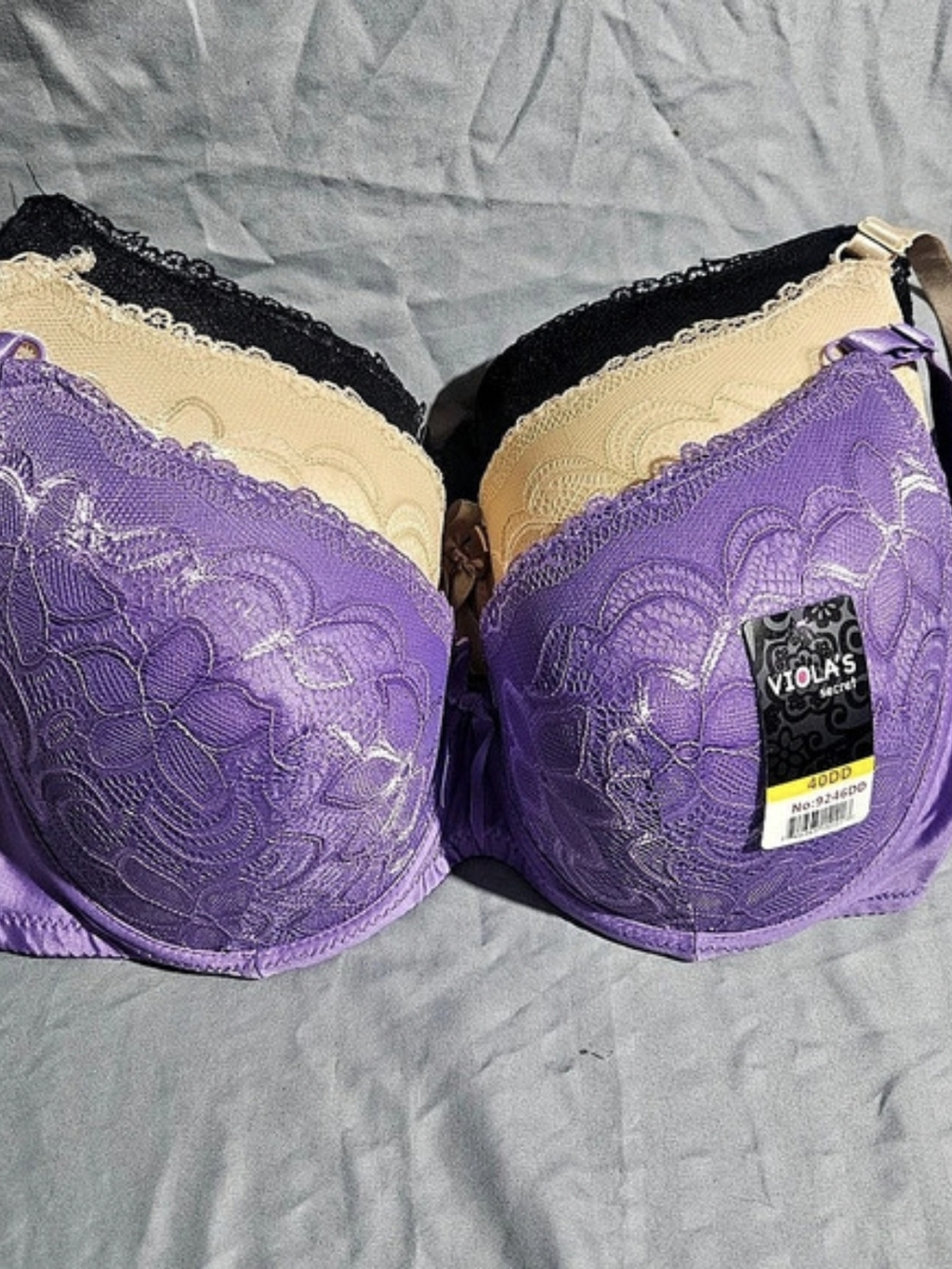 Viola's Secret 40DD Lace Bra in Purple & Beige NWT